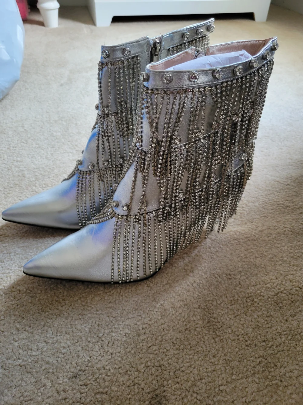 NWOT AKIRA Silver Metallic Rhinestone Fringe Pointed Toe Ankle Boots